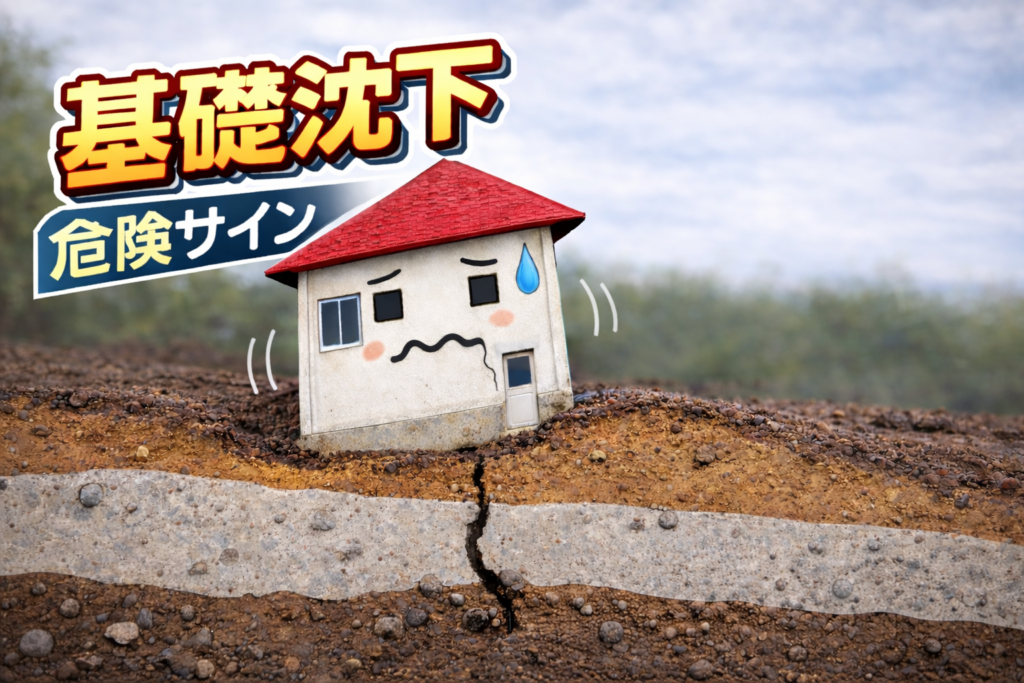 基礎沈下により地盤が割れ、傾いた家の危険サインを表したイメージ