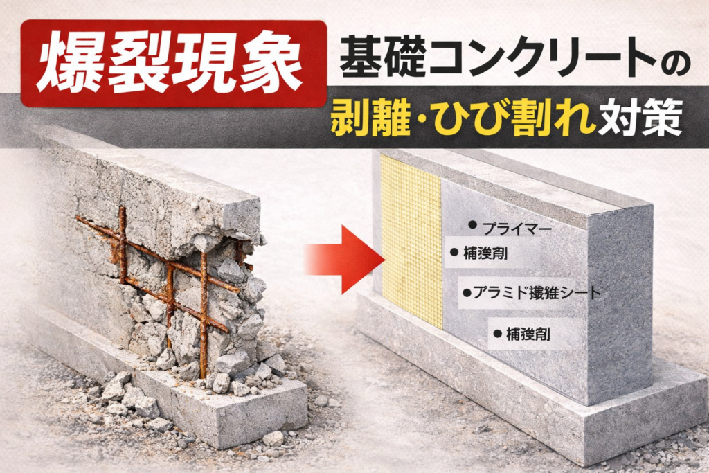 爆裂現象が発生した基礎コンクリートの補修前と補修後を比較