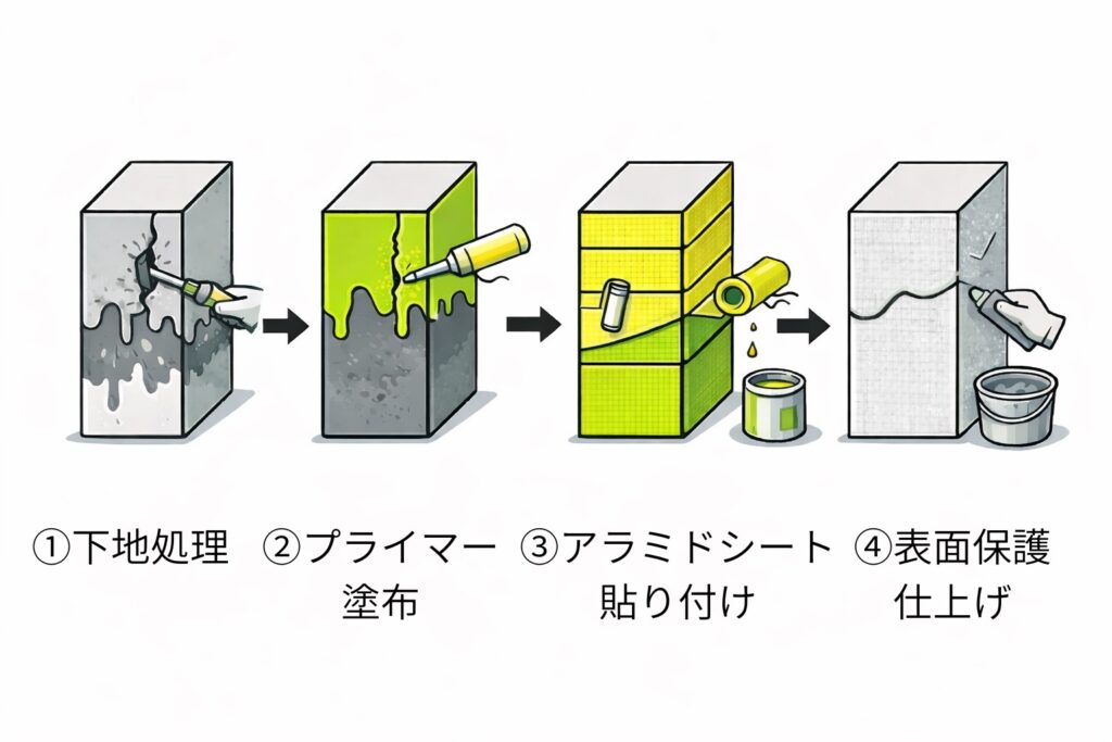 ひび割れた住宅基礎に対して、下地処理、プライマー塗布、アラミド繊維シート貼付け、表面保護仕上げまでの補強工程を段階的に示したイラスト