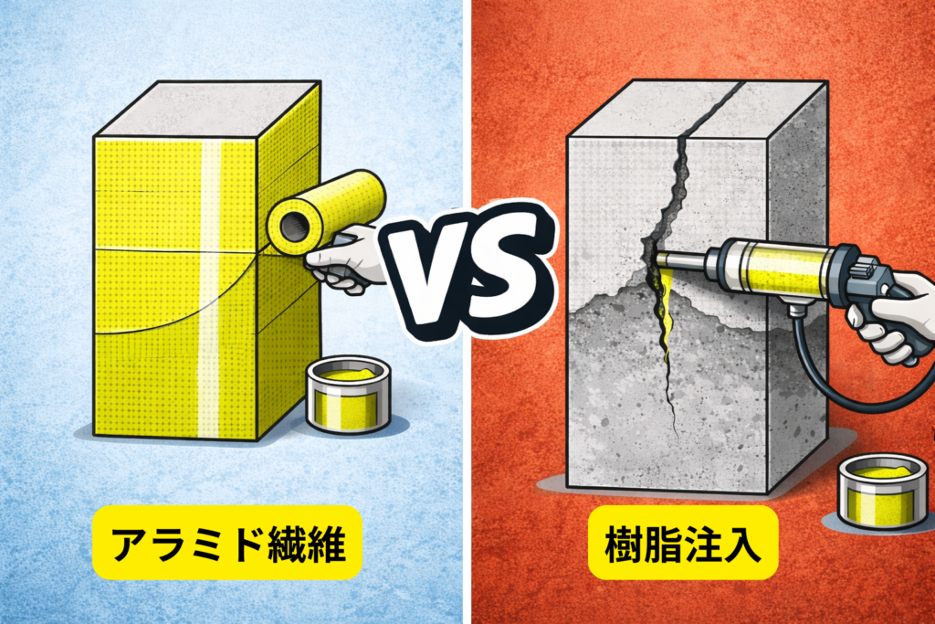 住宅基礎のひび割れ補修方法を比較したイラストで、左側はアラミド繊維シートを貼り付けて基礎全体を補強する工法、右側はひび割れ内部にエポキシ樹脂を注入して接着・補修する工法を対比して示している