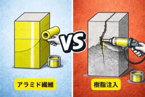 住宅基礎のひび割れ補修方法を比較したイラストで、左側はアラミド繊維シートを貼り付けて基礎全体を補強する工法、右側はひび割れ内部にエポキシ樹脂を注入して接着・補修する工法を対比して示している