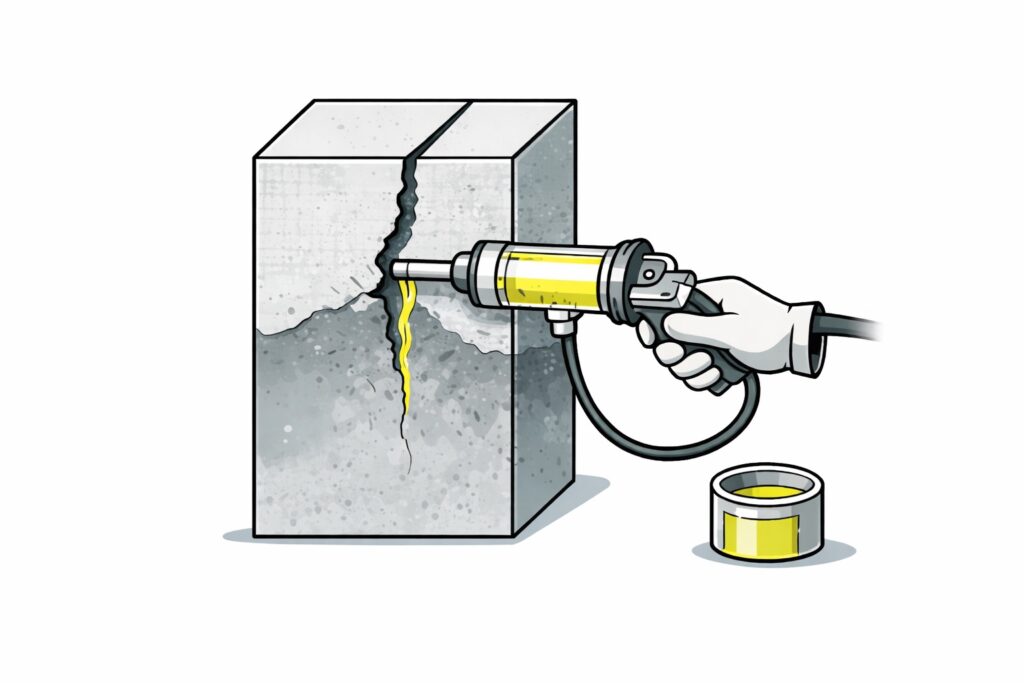 住宅基礎のひび割れ部分に専用注入器を使ってエポキシ樹脂を注入し、コンクリート内部の隙間を充填・接着して補修している様子を示したイラスト
