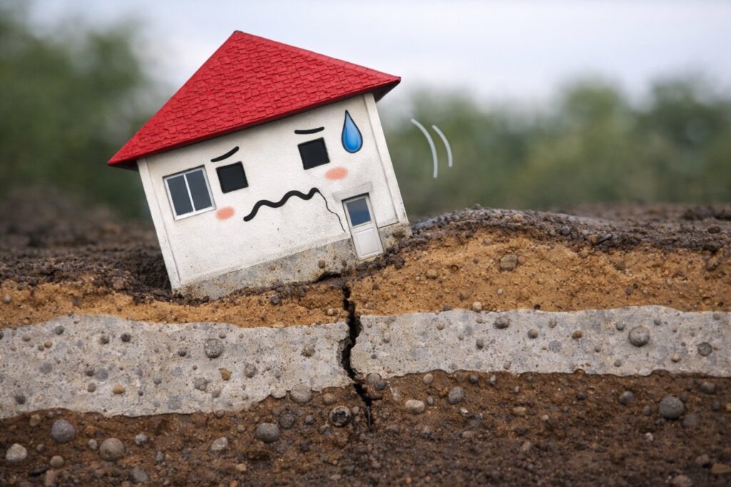 基礎沈下によって地盤が割れ、家が傾いて不安そうな様子を表現したイメージ