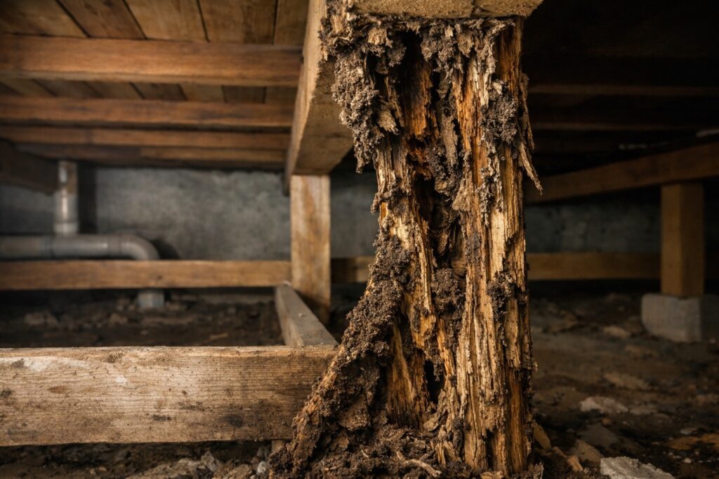 床下の基礎付近でシロアリ被害を受け、内部が崩壊している木製束柱の様子