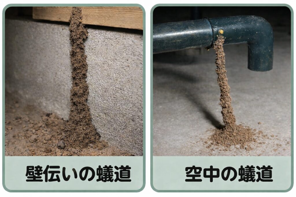 基礎や配管周りに見られるシロアリの蟻道の例。壁伝いに伸びる蟻道と、空中に形成された蟻道の比較画像