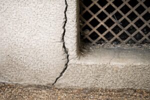 住宅基礎のコンクリート部分に発生した縦方向のひび割れと、近接する通気口まわりの劣化状況を写した基礎外周部の写真