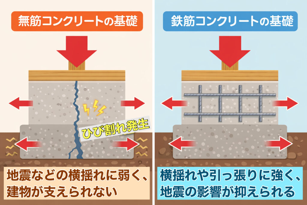 無筋のコンクリートと鉄筋のコンクリートを比較したイラスト