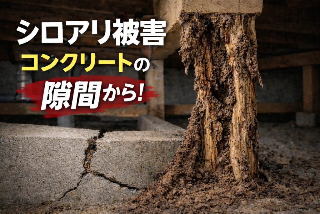 基礎コンクリートのひび割れ部分から侵入したシロアリによって、床下の木製束柱が深刻な被害を受けている様子