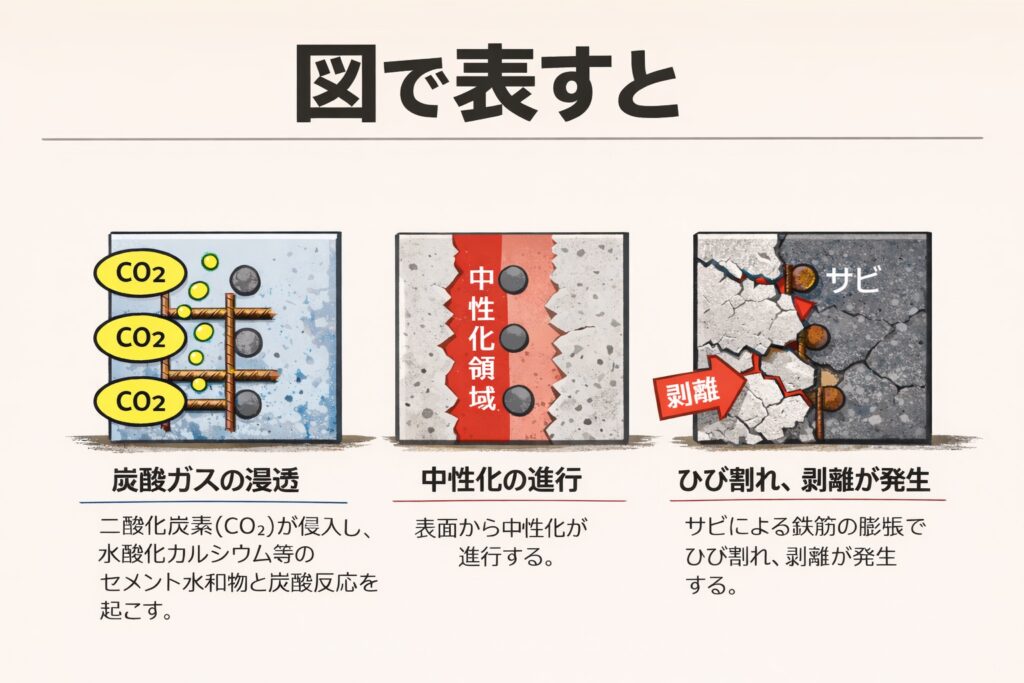 コンクリート基礎における爆裂現象の進行過程を示した図解