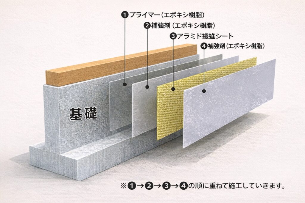 基礎補強の流れとして、プライマーと補強材を塗り、アラミド繊維シートを貼って補強材で仕上げる工程を示した断面図