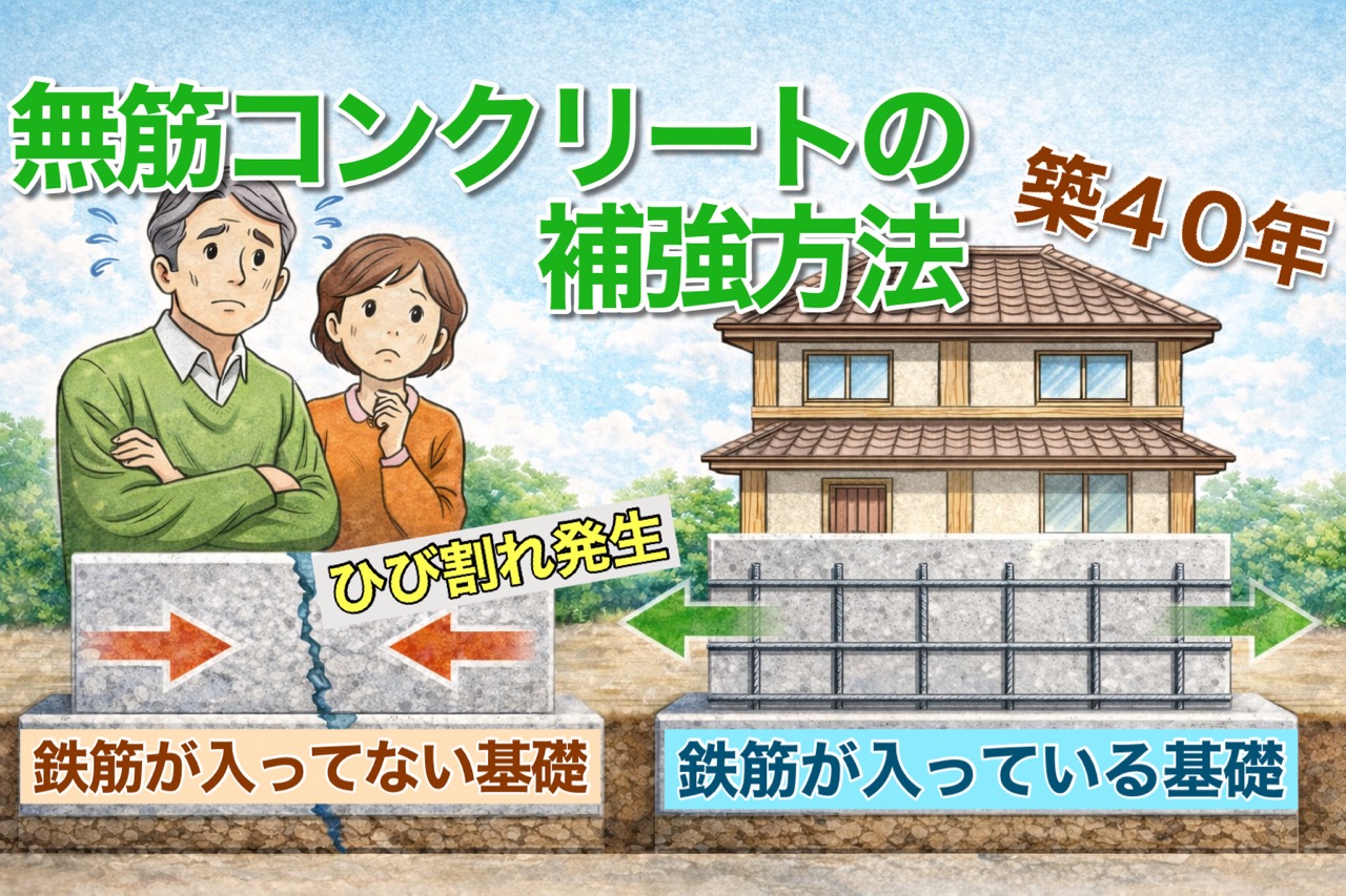 無筋コンクリートの補強方法を伝える文字とひび割れた無筋の基礎と有筋の基礎の画像