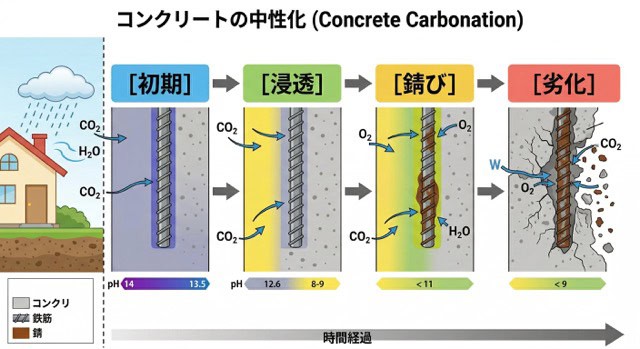 中性化の進行具合をわかりやすく表すイラスト