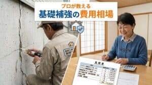 左側に施工中の職人がいて右側に笑顔のお客様が見積もりを見ている基礎補強の費用相場画像