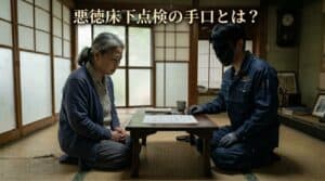 悪い顔をした営業と不安そうな家主が和室で話している