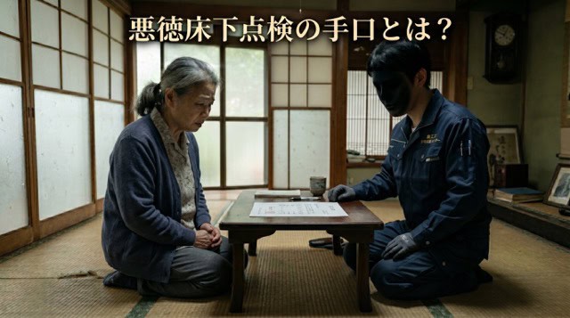 悪い顔をした営業と不安そうな家主が和室で話している