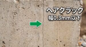 0.3mm以下のヘアクラックに文字と矢印がある